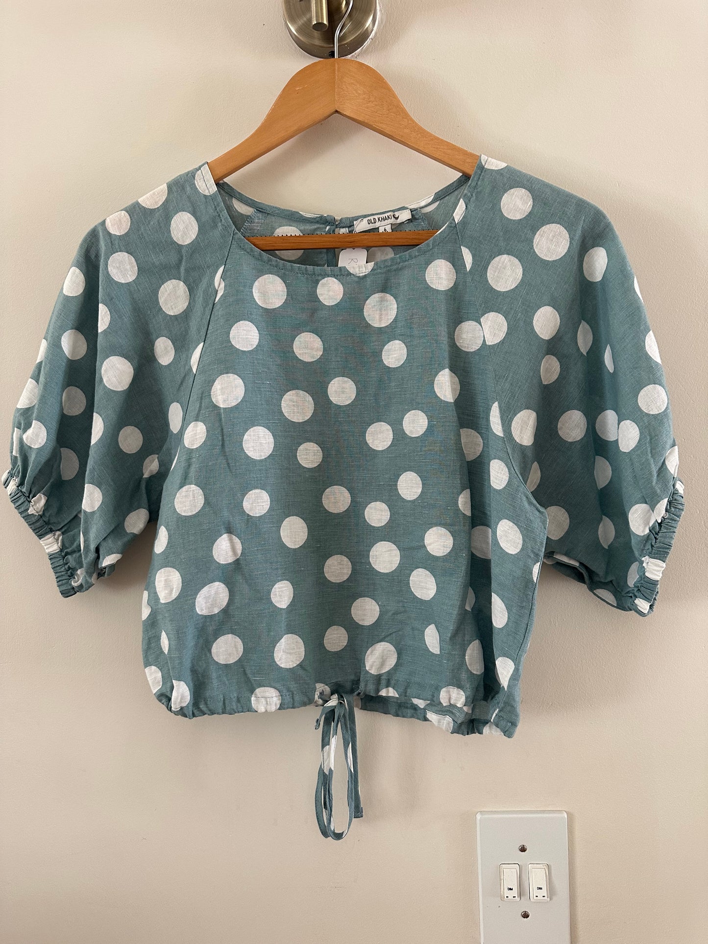 Old Khaki linen blend polka dot top (size 6)