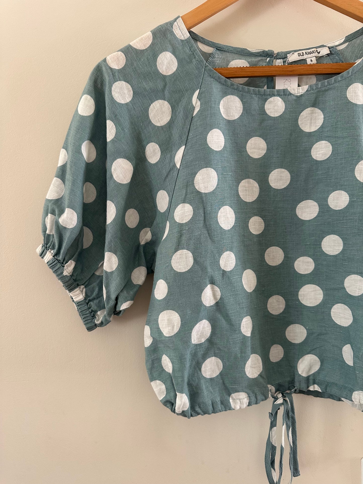Old Khaki linen blend polka dot top (size 6)